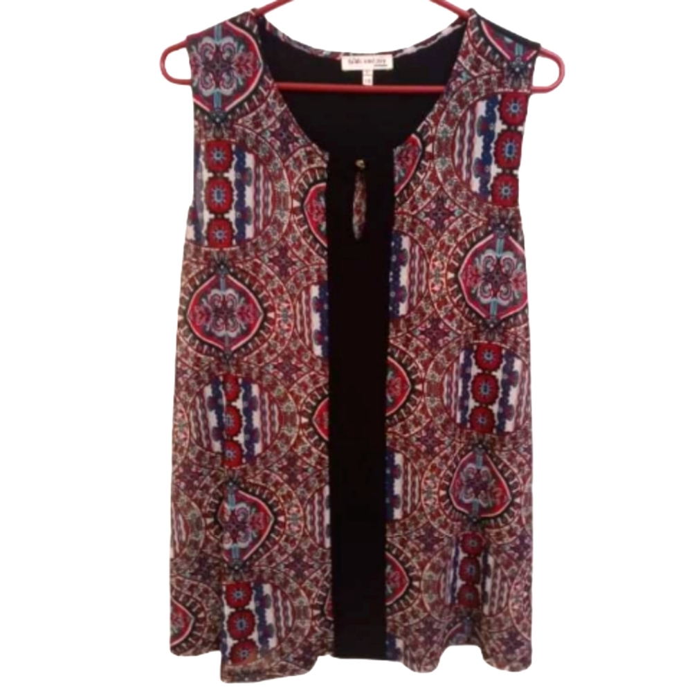 Faith and Joy 1X Red & Black Geo Boho Hippie Sleeveless Blouse